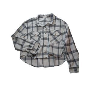 Love Notes White Plaid Cropped Lightweight Flannel Women's Large Layering Shirt